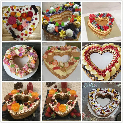 Heart cake mold showcasing heart shaped cakes decorated with colorful flowers fruits and chocolate decorbites cake mold