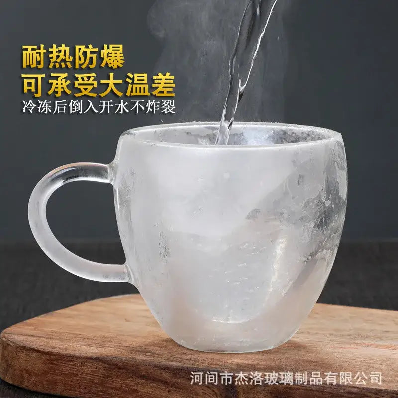 Clear double-walled heart glass mug with frosted texture and rounded handle from decorbites glass mug set