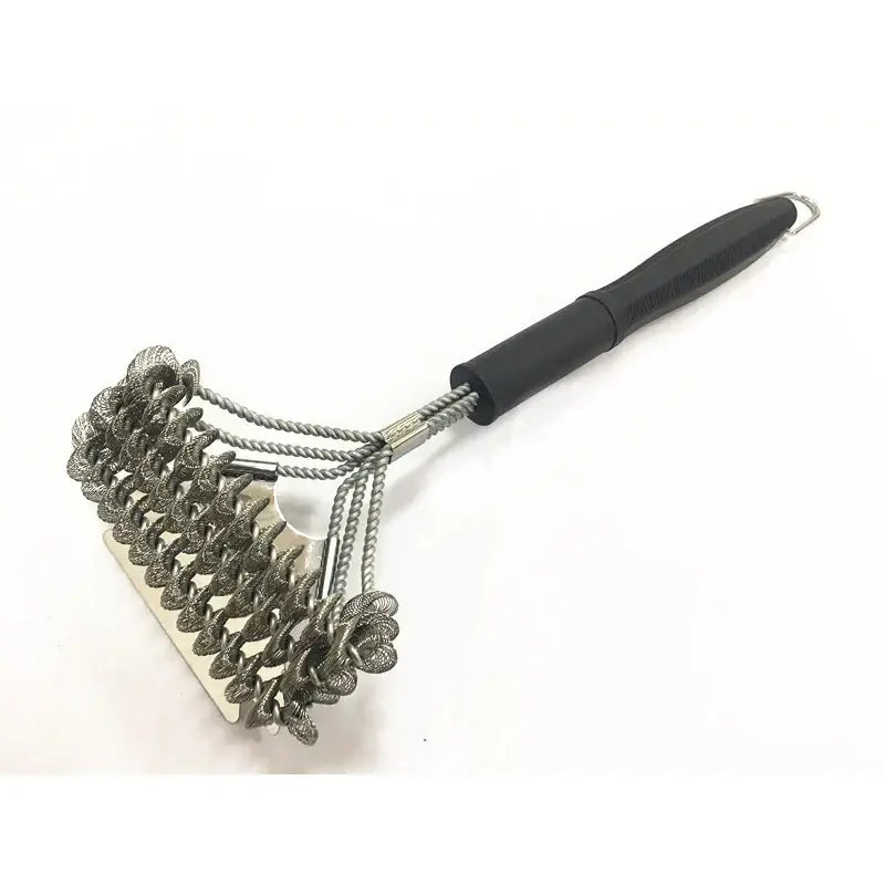 Black-handled heavy duty stainless steel bbq triple head brush with dense coiled wire head for cleaning grates