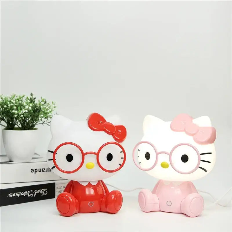 Two hello kitty red and pink decorbites cartoon animal night light lamps with bows and glasses for bedroom decor