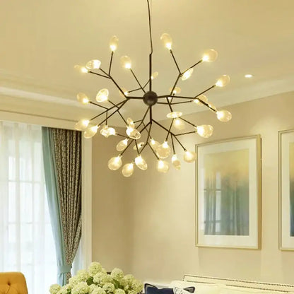 Black metal chandelier with frosted glass globe bulbs in branching design decorbites heracleum firefly dining room light