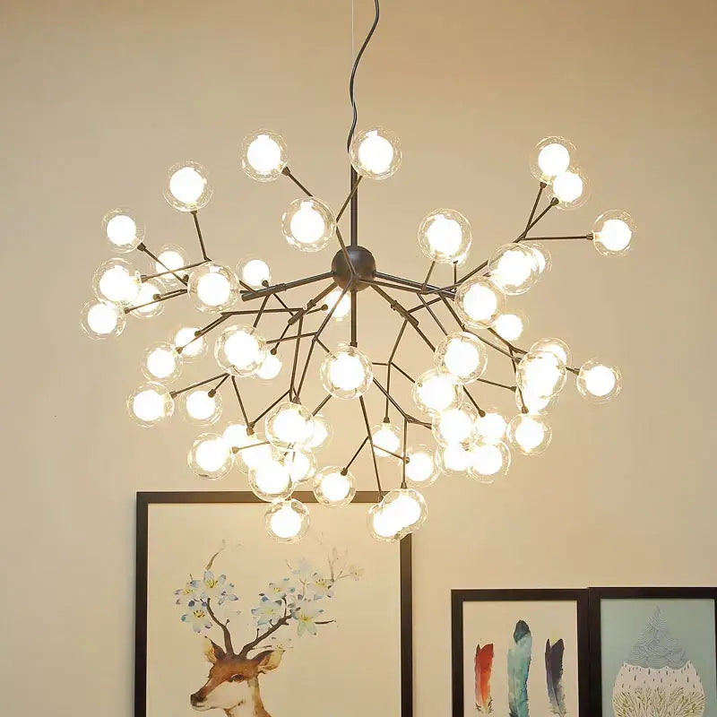 Modern black metal decorbites heracleum firefly chandelier with clear glass globe bulbs for dining room lighting