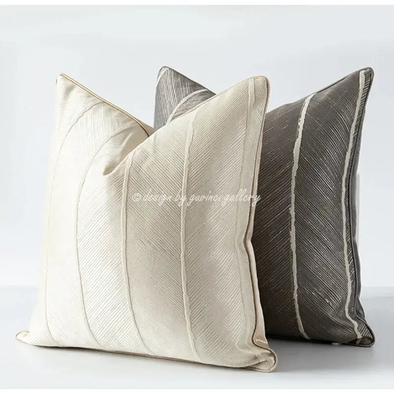 Cream-colored herringbone jacquard cushion cover with subtle diagonal ribbed texture and matching piping for living room decor