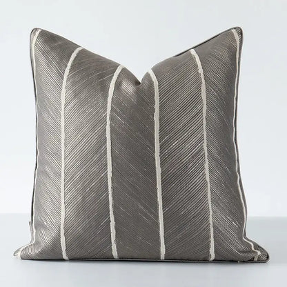 Gray herringbone jacquard cushion cover with diagonal textured stripes and off-white vertical lines for living room decor