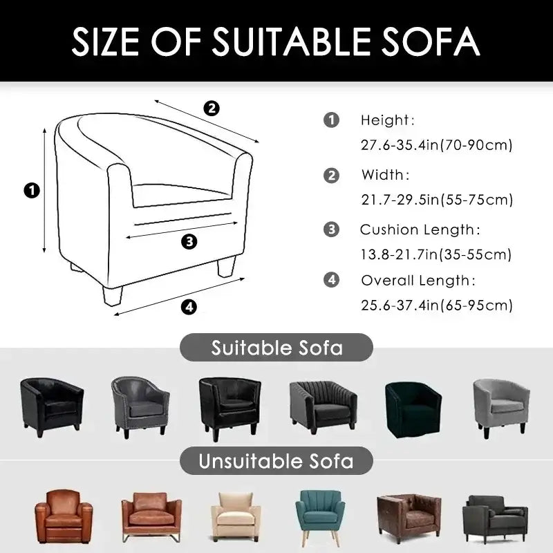 Black leather bucket armchair with tufted back and rounded arms featuring herringbone jacquard elastic slipcover