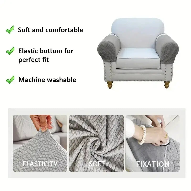 Gray herringbone knit fleece armchair cover with elastic bottom and machine washable design for living room use