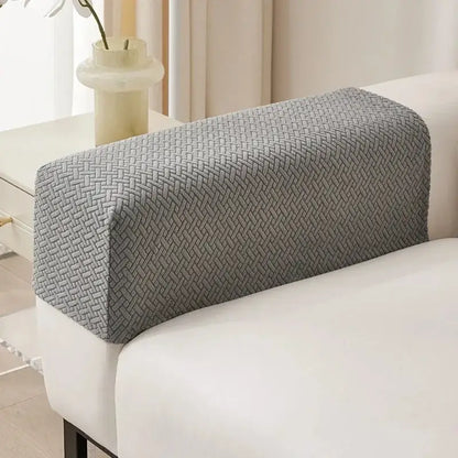 Gray textured fleece backrest cover with woven herringbone pattern for living room sofa armrest protection back view