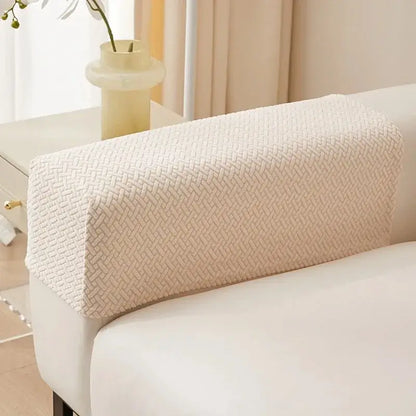Beige fleece herringbone weave sofa backrest cover with textured fabric for living room armrest protection