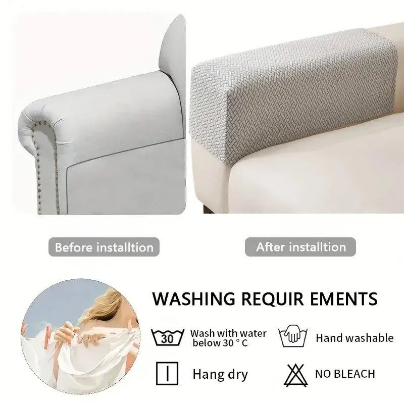 Gray herringbone-patterned fleece armrest cover for living room sofa protecting the armrest surface