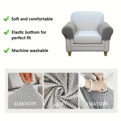Gray herringbone weave fleece armchair cover with elastic bottom, machine washable for living room sofa protection
