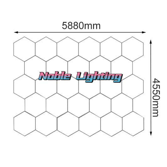 Hexagonal led car detailing light panel 5880mm by 4550mm with noble lighting logo for garage ceiling decorbites hexagon led