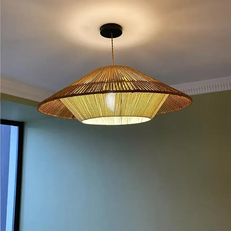 Hexagonal warm-toned bamboo hemp rope rattan pendant lights with tiered conical shade for dining room decorbites hemp rope