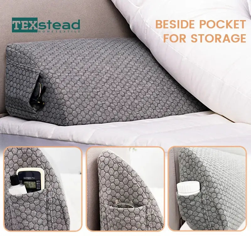 Gray hexagonal-patterned pillow wedge with side storage pocket designed as a bed headboard pillow wedge