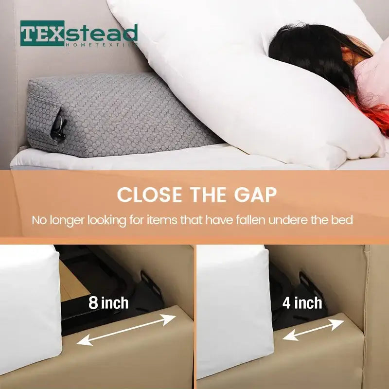 Hexagonal gray textured pillow wedge from texstead with storage pocket for bed gap closure and headboard support