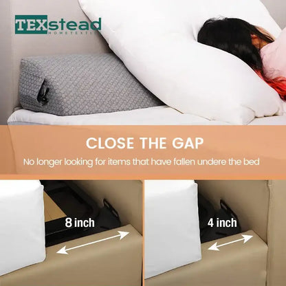 Hexagonal gray textured pillow wedge from texstead with storage pocket for bed gap closure and headboard support