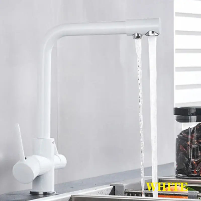 High arc white modern dual spout chrome kitchen faucet with curved spout and dual chrome handles decorbites dual spout