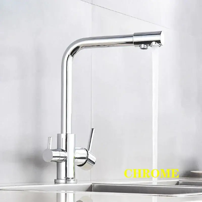 High arc dual spout chrome kitchen faucet with pull down sprayer featuring decorbites dual spout chrome design