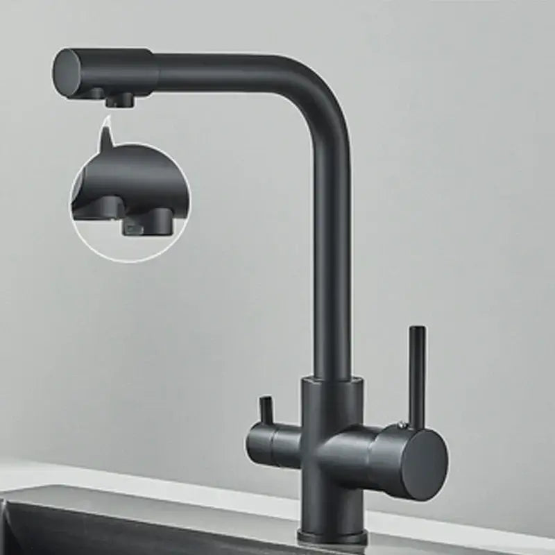 Black matte finish kitchen faucet with sleek dual spout chrome design and dual handles for hot and cold control