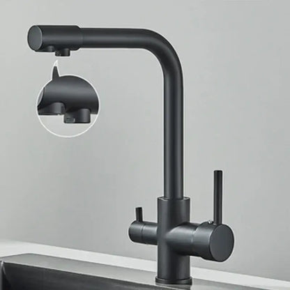 Black matte finish kitchen faucet with sleek dual spout chrome design and dual handles for hot and cold control