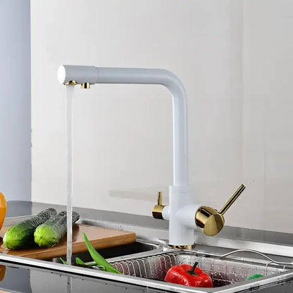 High arc dual spout chrome kitchen faucet with pull down sprayer in white with gold accents flowing water decorbites dual spout