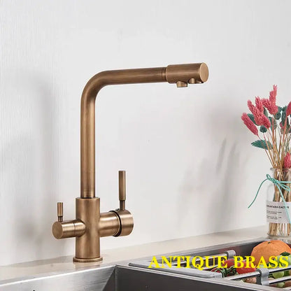 Antique brass kitchen faucet with sleek curved spout and dual handles for decorbites dual spout chrome use