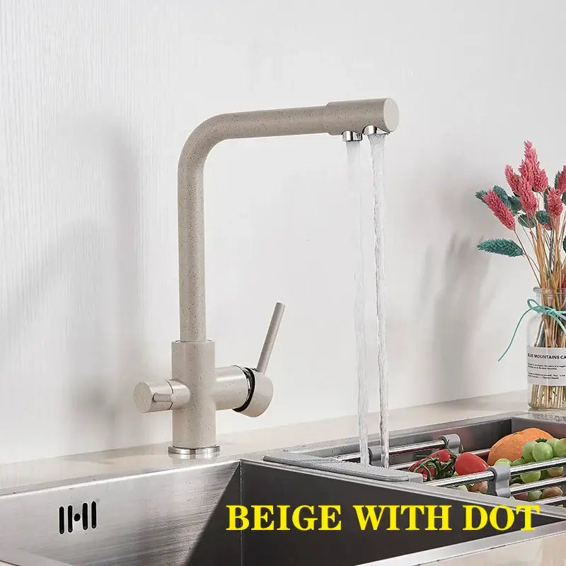 Beige speckled decorbites dual spout chrome kitchen faucet with modern curved spout and single lever handle