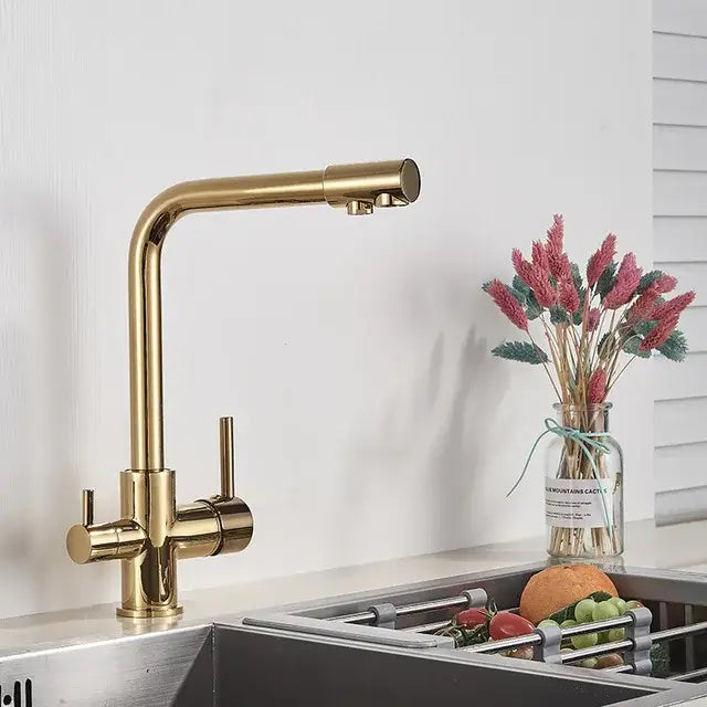 Gold-toned decorbites dual spout chrome kitchen faucet with high arc curved spout and dual handles for modern use