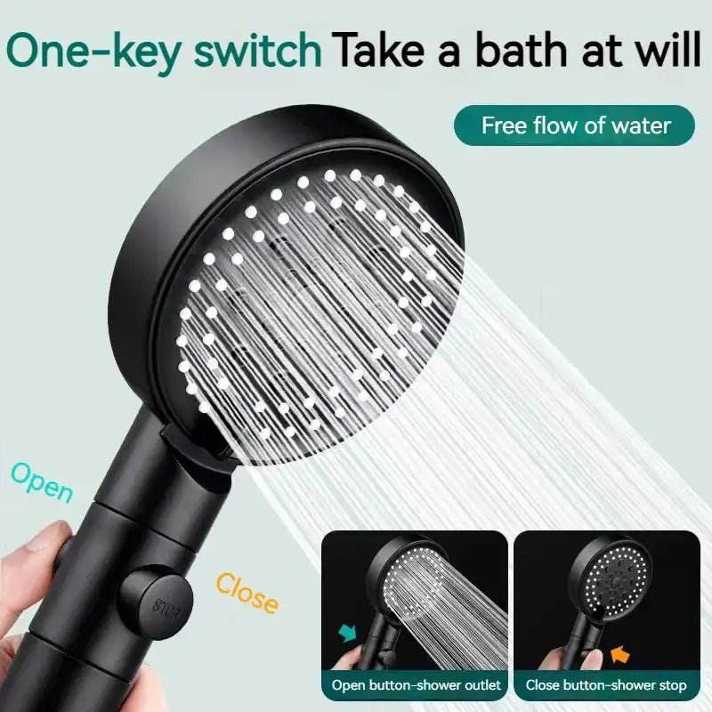 High pressure decorbites black round shower head with one key switch for easy on off and free flow water spray control