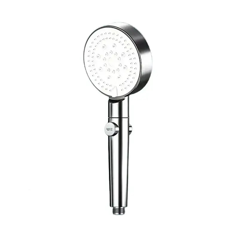 Shiny chrome shower head with a circular face and high pressure for decorbites black round bathroom use