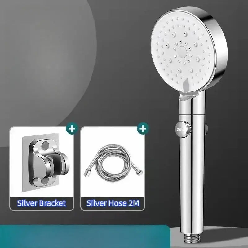 High pressure black round shower head with shiny chrome finish and integrated control knob by decorbites