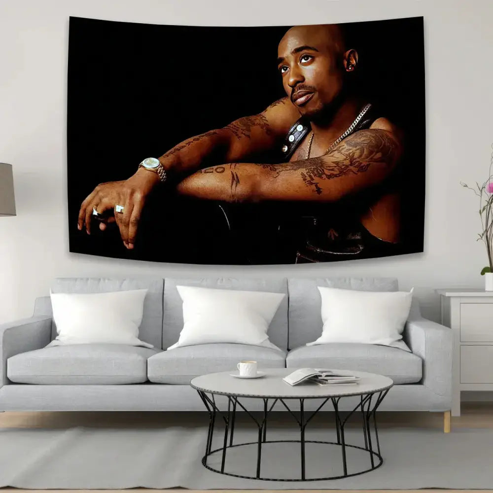 Black wall hanging featuring a 2pac tapestry portrait with tattoos and jewelry in hip-hop style for bedroom decor
