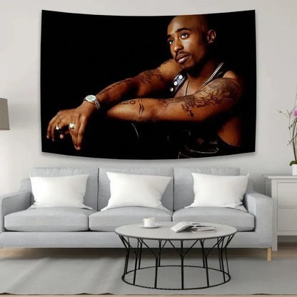 Black wall hanging featuring a 2pac tapestry portrait with tattoos and jewelry in hip-hop style for bedroom decor