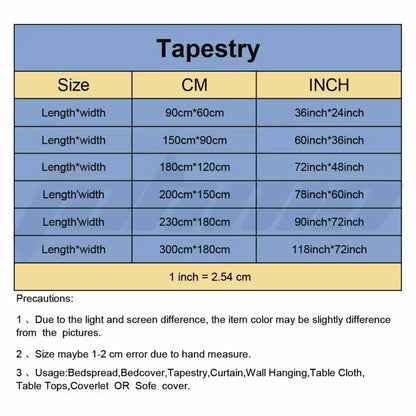 Blue tapestry flag size chart showing dimensions in cm and inches for decorbites black metal hippie bedroom art