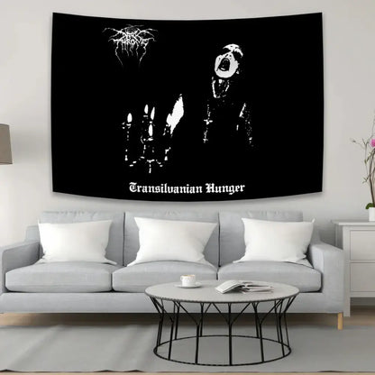 Black tapestry flag featuring white screaming figure with candles and transilvanian hunger text for black metal hippie decorbites