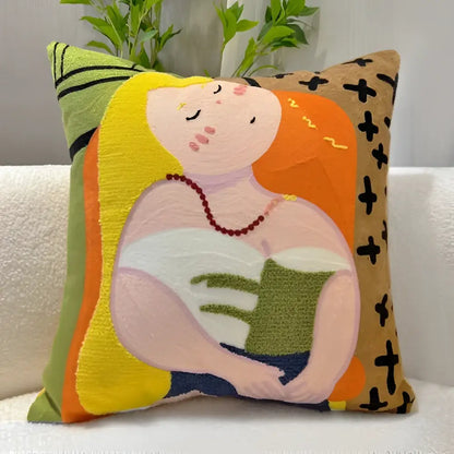 Historical cartoon oil painting embroidery throw pillow featuring a vibrant stylized woman with blonde hair and pearl necklace