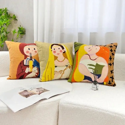 Three colorful embroidered throw pillows with cartoon oil painting embroidery of historical figures for living room decorbites cartoon oil
