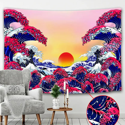 Vibrant pink and blue wave-patterned hokusai beach scenery tapestry featuring a stylized sunset for bedroom wall decor