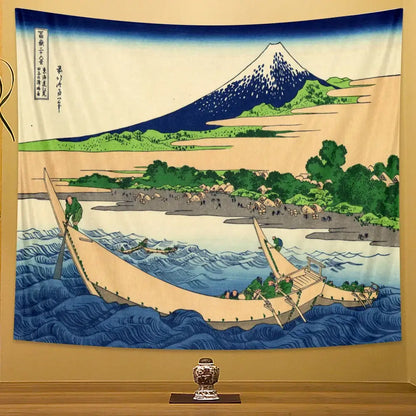Vibrant traditional japanese woodblock print beach scenery tapestry featuring mount fuji and boats for bedroom decor