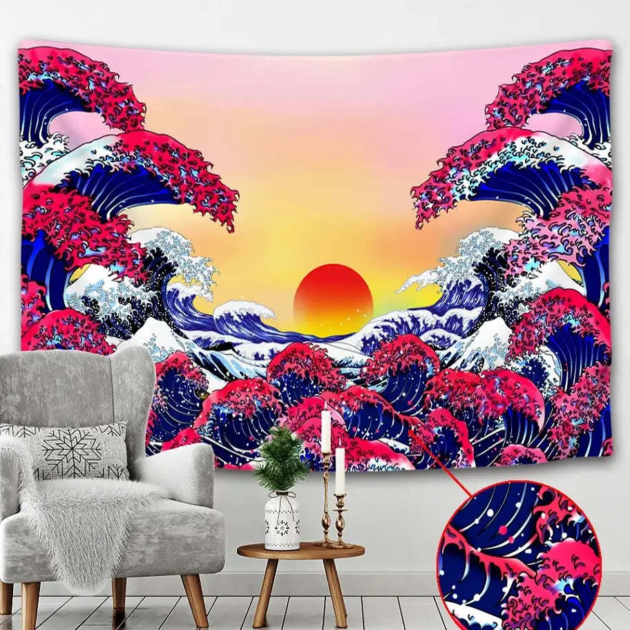 Hokusai red and blue beach scenery tapestry featuring vibrant wave patterns and a stylized sunset for bedroom wall decor