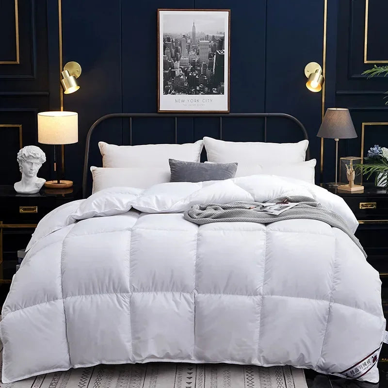 White quilted comforter with subtle gray accents soft plush texture goose down duvet 100% cotton cover king size
