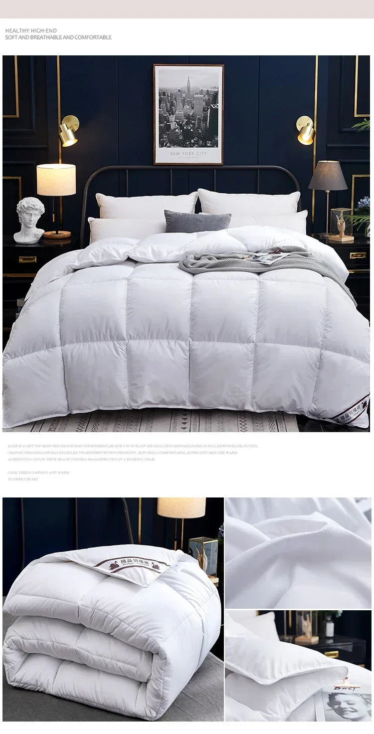 White quilted down comforter with soft plush texture and 100 percent cotton cover for winter use in multiple sizes