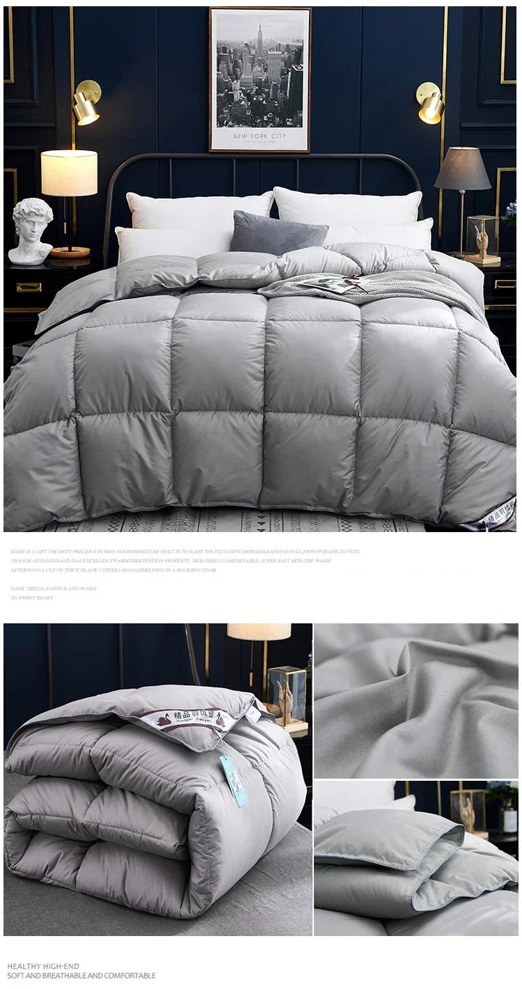 Gray quilted goose down comforter with soft plush texture subtle stitching 100% cotton cover king queen twin size