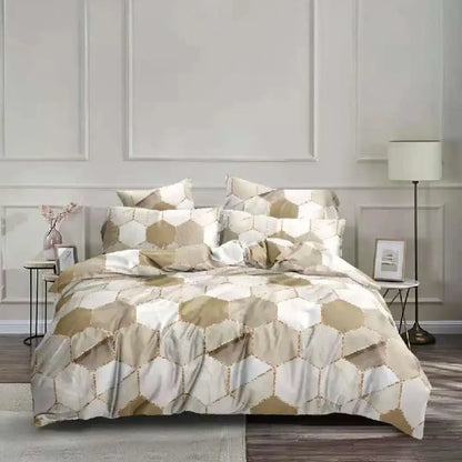 Beige and white bedding set with honeycomb marble pattern and subtle metallic trim from decorbites honeycomb marble collection