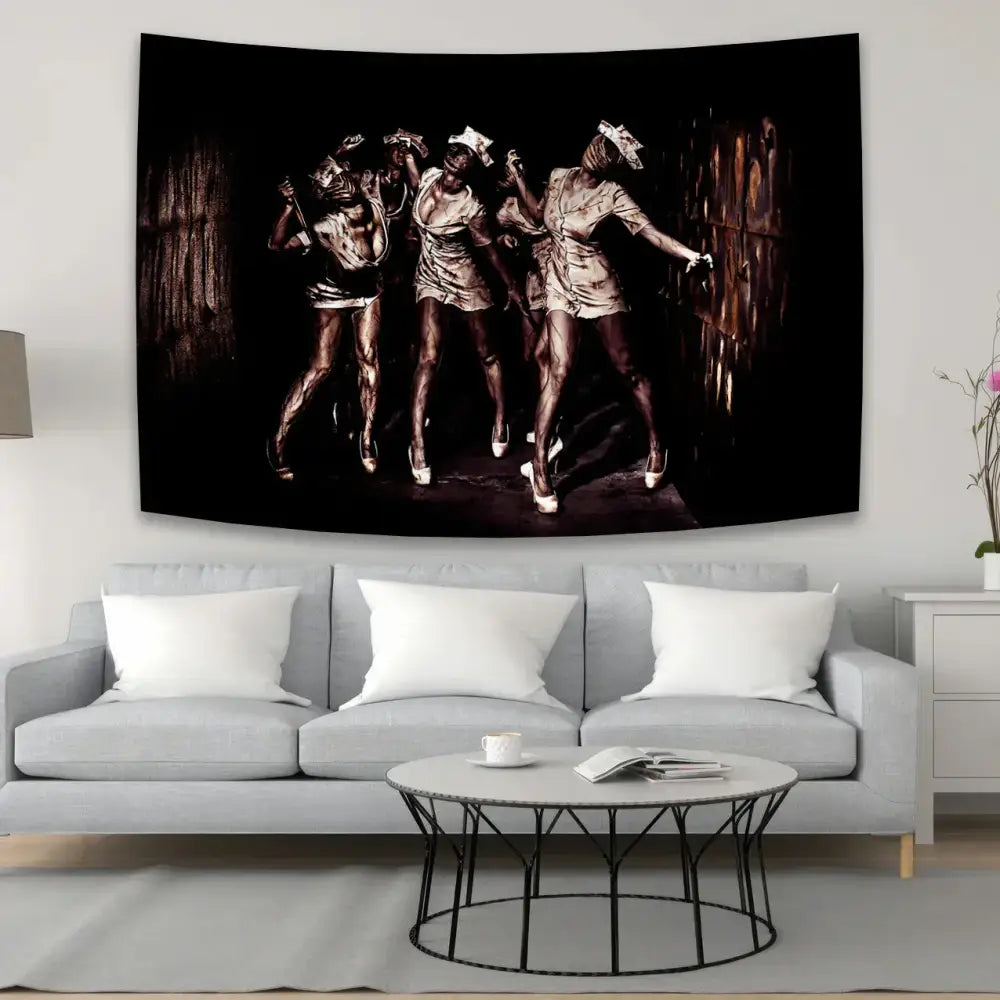 Black and sepia horror movie character tapestry featuring three dancers in metallic outfits above a gray sofa decorbites