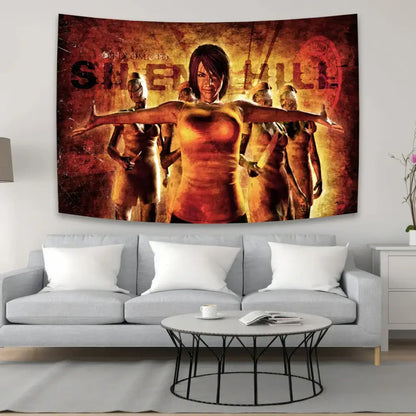 A vibrant orange and brown horror movie character tapestry featuring a central female figure for decorbites bedroom decor