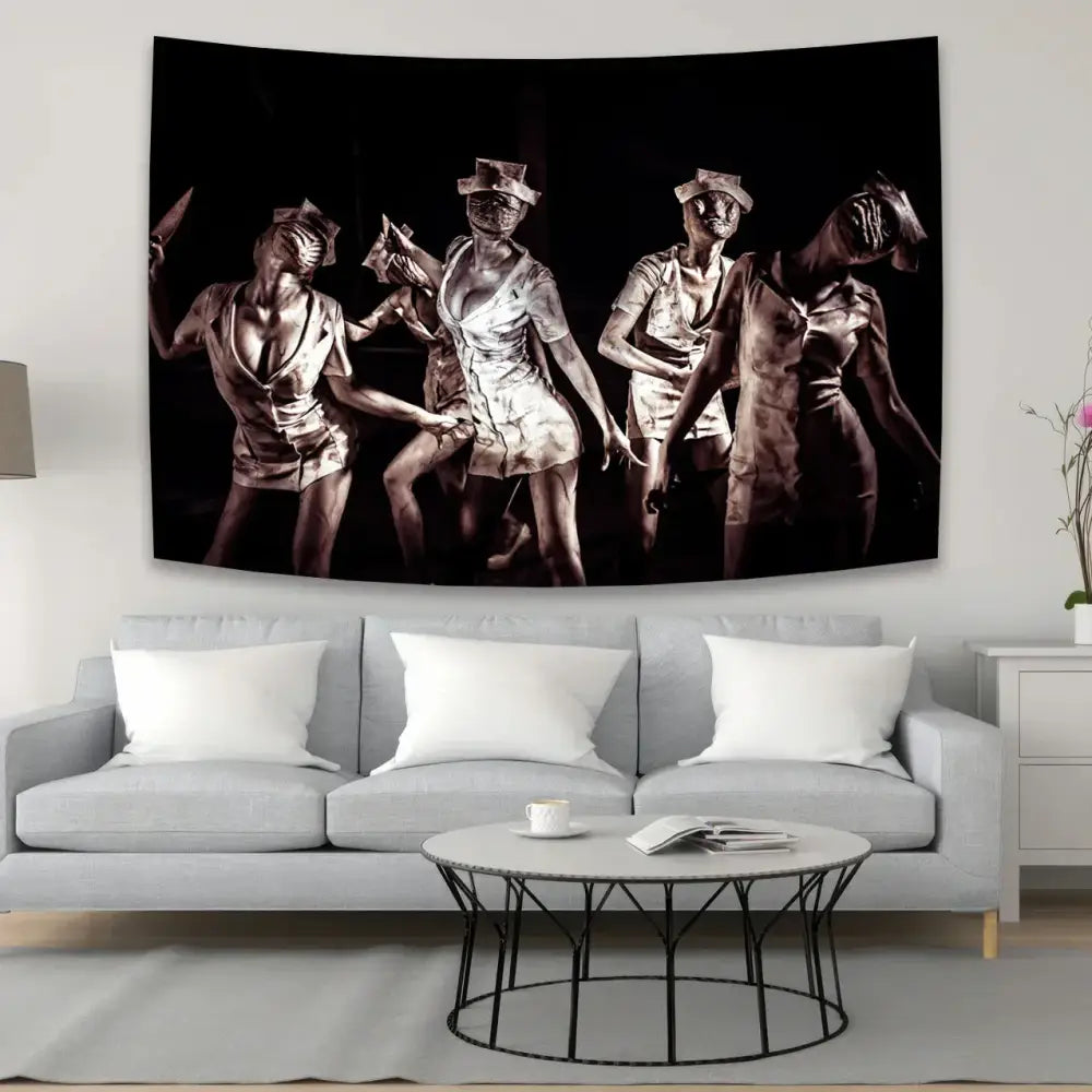 Black and white horror movie character tapestry with five stylized nurses for decorbites horror movie bedroom decor