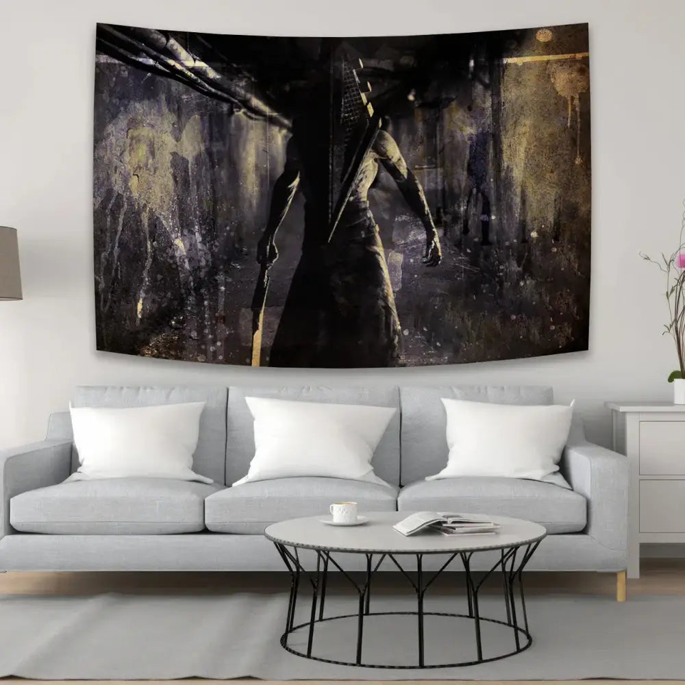 Dark textured tapestry featuring a menacing horror movie character in black and sepia for decorbites horror movie decor