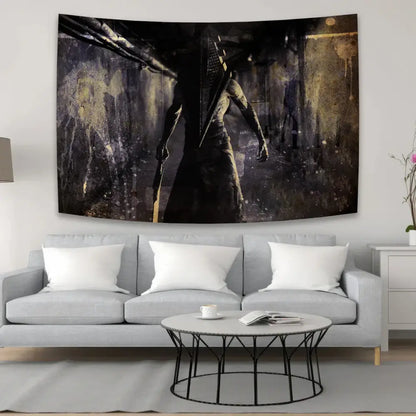 Dark textured tapestry featuring a menacing horror movie character in black and sepia for decorbites horror movie decor