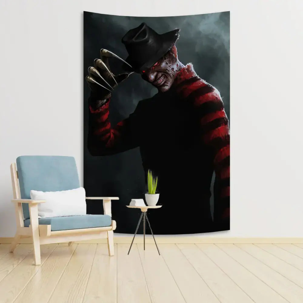Black and red striped freddy krueger wall tapestry featuring the horror movie icon for bedroom decor