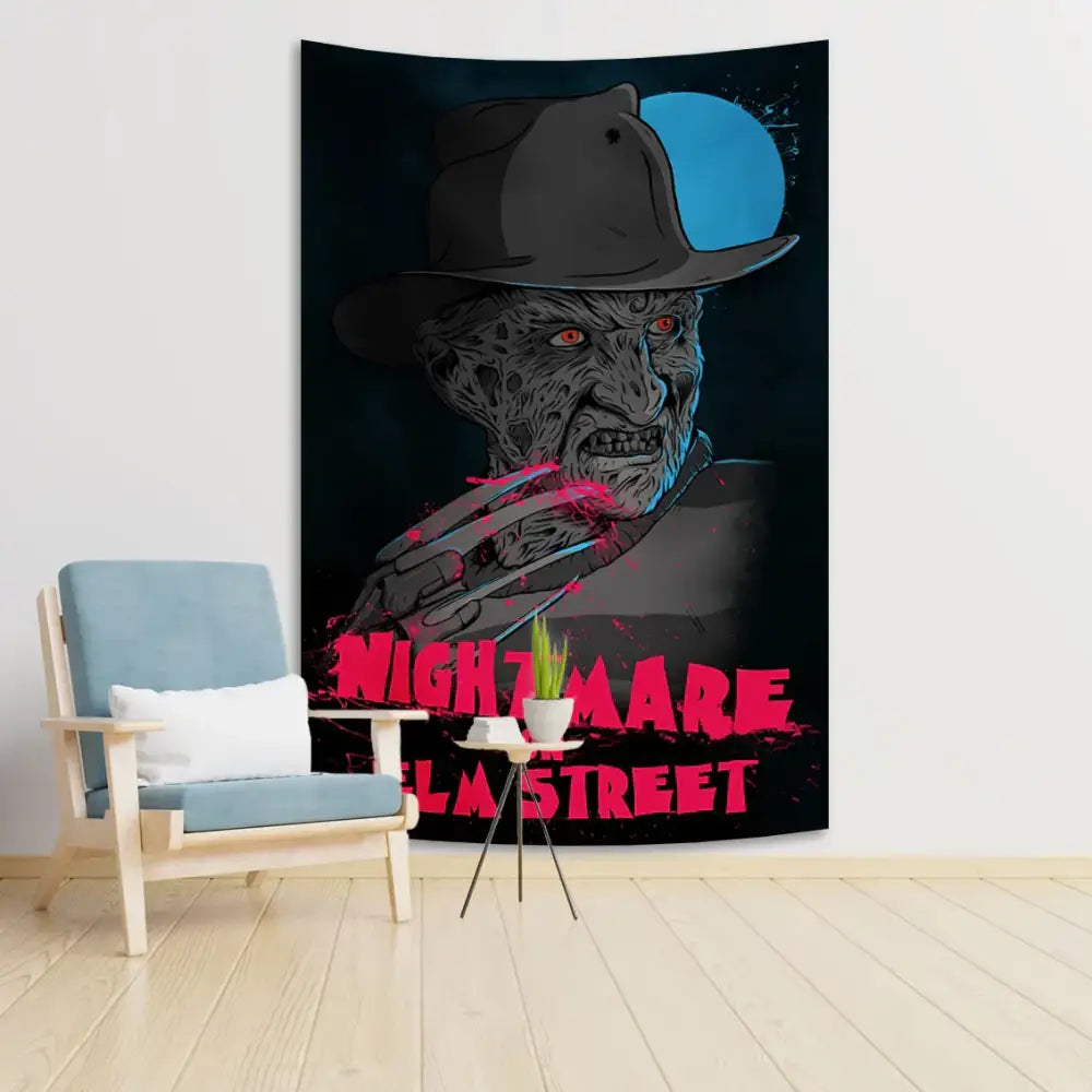 Black and blue horror movie freddy krueger wall tapestry with red eyes and blood-red claws for bedroom decor